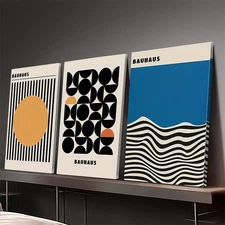 Framed, 3pcs Bauhaus Style Geometric Wall Art Set Mid-Century Modern, Bold Minim