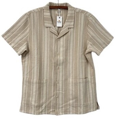 Marine Layer XL Men s Natural Vertical Stripe Short Sleeve Beige Camp Shirt