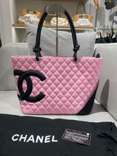 Auth Chanel Cambon Large Tote Bag Pink Quilted Lambskin Leather Black CC Logo