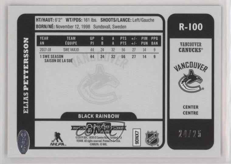 2018-19 O-Pee-Chee Platinum Retro /25 Elias Pettersson #R-100 Rookie RC - Image 2 of 2
