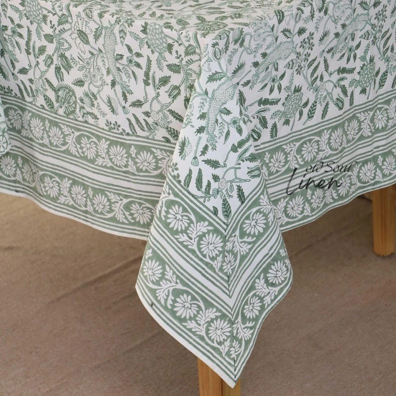 Floral Boho Block Printed Cotton Tablecloth Kitchen Dining Room Table Cover - Image 4 of 4