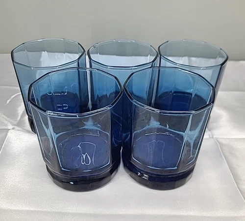 Anchor Hocking Essex Blue Rocks Glasses - SET OF 5 - Vintage 3.75" Tall 10oz