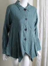 Mill Valley L Lagenlook Flowing JADE Crinkle Cotton Linen Flax Tunic Shirt Top