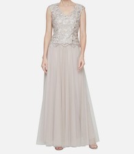 Alex Evenings Women's Beige Embroidered Cap-Sleeve Tulle Gown Dress Size 6
