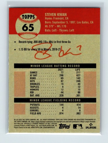 2022 Topps Chrome Platinum Anniversary #65 Steven Kwan RC Cleveland Guardians - Picture 2 of 2