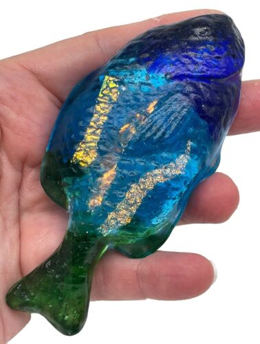 Recycled Art Glass Iridescent Fish Figurine Paperweight By Bedrock Industries - Picture 1 of 12