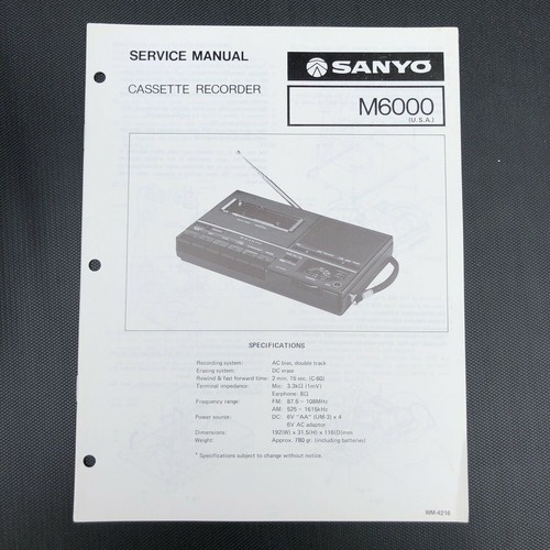 Sanyo M6000 Cassette Recorder Service Manual - Picture 1 of 4