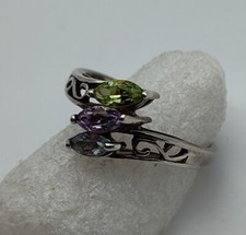Vintage Green Purple Blue Marquise Stones Sterling 925 M Ring Size 8.25