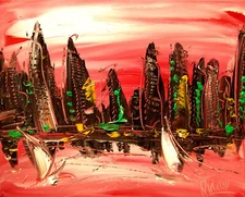 NEW YORK IMPRESSIONIST pink sky ORIGINAL OIL  PAINTING -ABSTRACT ART UPIUWD