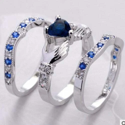 Женские 3 изделия титана Royal синий любовь сердце кристалл кольцо комплект размер 8 новый - Изображение 3 из 3