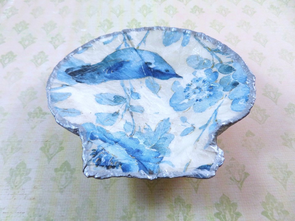 Decoupage Art Scallop Seashell Trinket Dish Bluebird Floral Blue White ...
