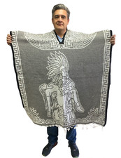 MEXICAN PONCHO , CALENDARIO AZTECA , MEXICO , WARRIOR , LIGHT GRAY