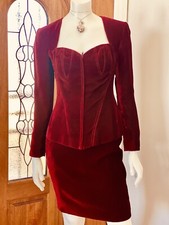 Vicky Tiel Vintage French Couture Red Velvet Corset Blazer Top Skirt Suit Small