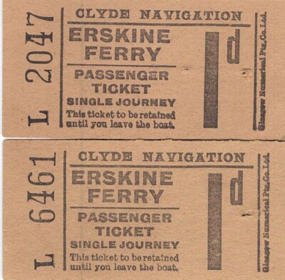 2 Erskine Ferry Glasgow Scottland UK Passenger Tickets Undated