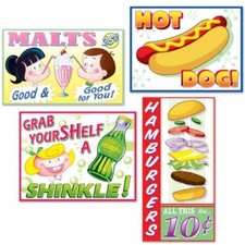4 two sided Fifties Ice Cream Snacks Pop Party Signs Hotdogs burger Picnic 1950s