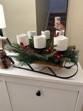 Festive Holiday Sleigh Centerpiece with 3 Flickering LED Candles, Pine & Berries