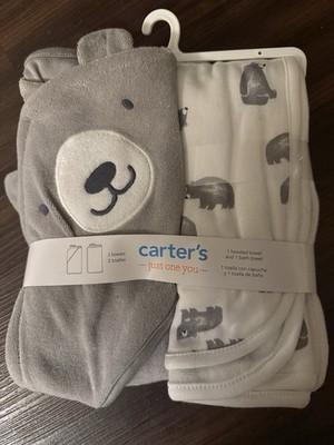 Carter's Just One You Baby Hooded Towel and Bath Towel Set Gray Bear Theme