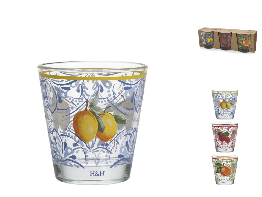 H&H Set Of 3 Fruits Glass Tumblers Decorative 25 Cl Assorted