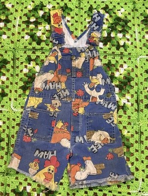 Vtg Liberty Kids Overalls Toddler Hee Haw Shortalls Chicken Donkey Floral Hippie
