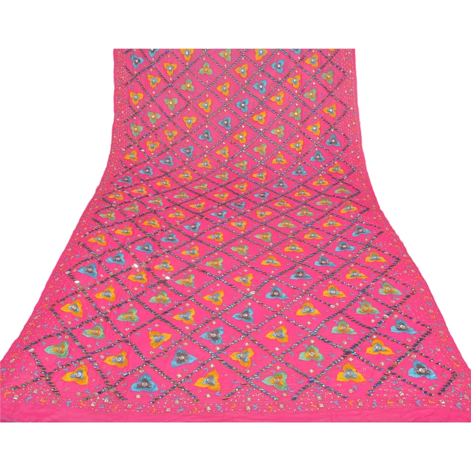 Velo de cuentas a mano de seda georgette pura estola larga Dupatta rosa vintage sánskriti   Foto 2 de 4