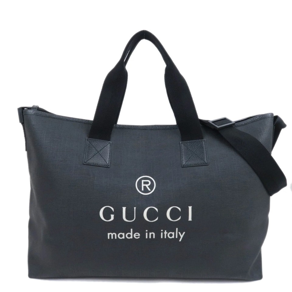 GUCCI Large Logo Print 2WAY Big Tote Bag Black Coated Canvas 231860 Authentic