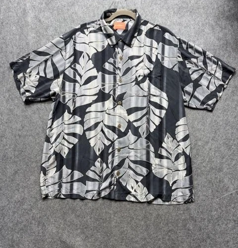 Tommy Bahama Shirt Mens XL Gray Silk Hawaiian Aloha Leaf Print Button Front