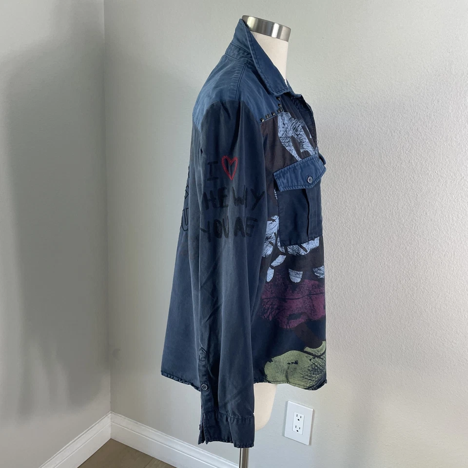 Desigual Disney Shirt Womens XL Blue Mickey Mouse Minnie Mouse Studded Button Up - Image 3 of 4