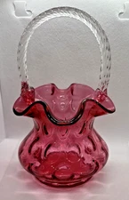 Fenton Art Glass Cranberry Coin Dot basket with Ruffled Rim Swirl Handle. Marked