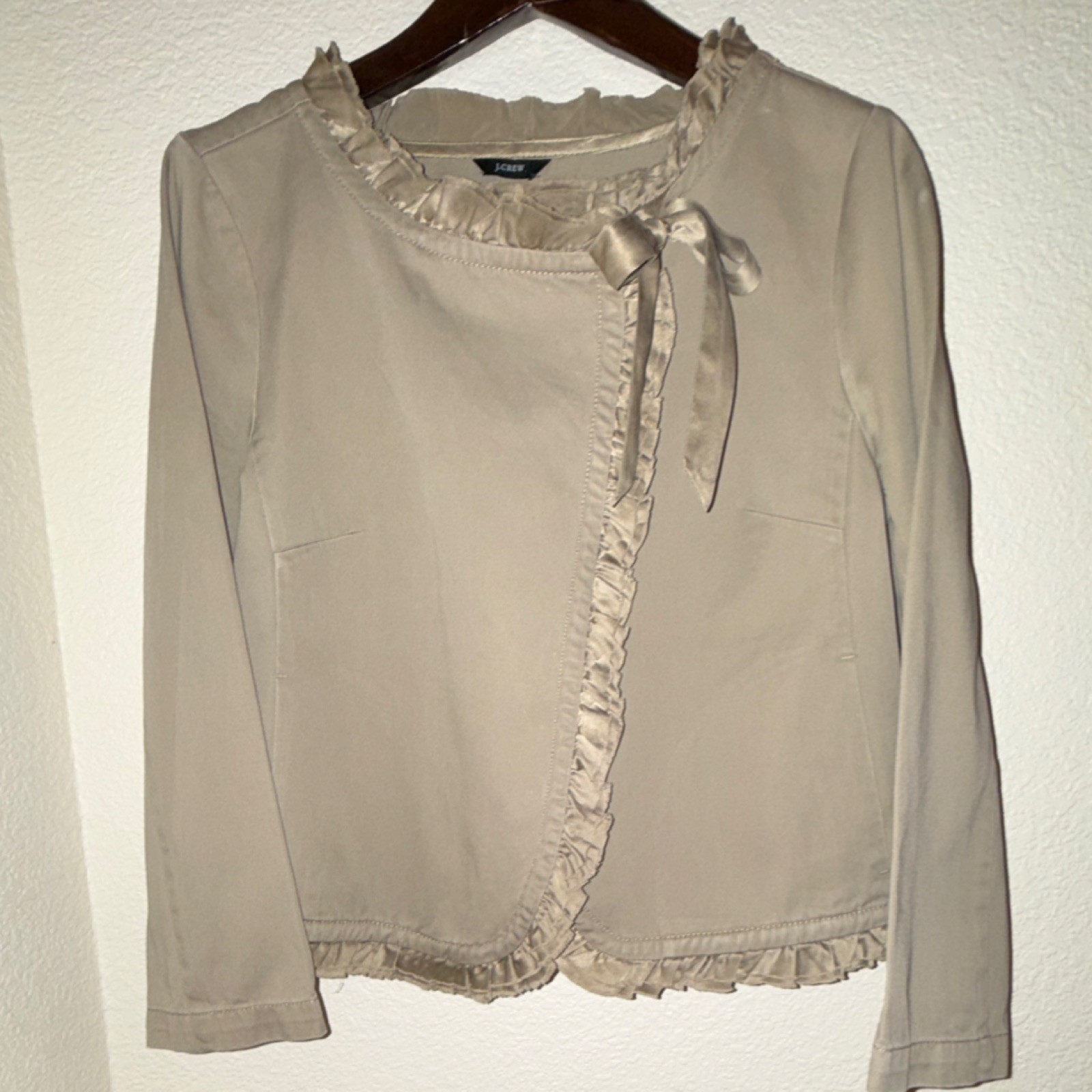 J.CREW Womens Beige Ruffle Trim Tie-Front Long Sleeve Short Jacket M