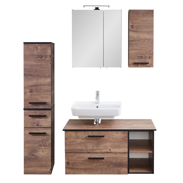 BadmöBel Set Eiche Spiegelschrank Waschbeckenunterschrank Hochschrank-image