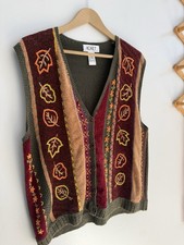 Vintage 90s Koret Knit Sweater Vest Women  s Sz L Embroidered Floral Leaves Fall