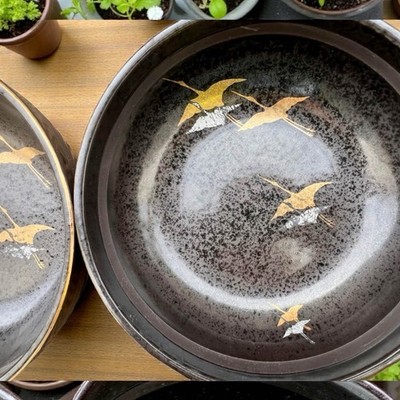 Vintage Japanese Stoneware Bowl Pair Gold Silver Cranes Tenmoku 10 Made in Japan