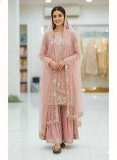 New Designer Faux Georgette Kurta Palazzo With Net Dupatta For Wedding