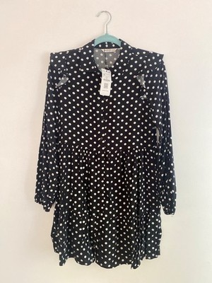 NWT Stradivarius Black & White Polka Dot Long-Sleeve Tiered Mini Dress Size M