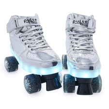Light Up Quad Roller Skates with LED Wheels and Toe Brakes, Size 7, Silver
