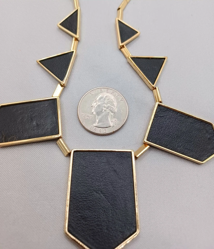 House Of Harlow Geometric Necklace Gold Tone Black Leather Pendants 18" - Image 4 of 4