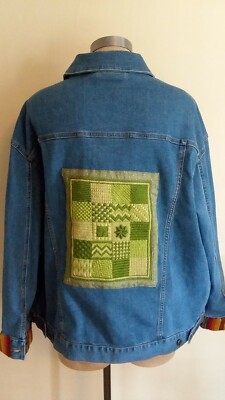 Jean Jacket Women s Plus Sz 1X Blue Denim Cottage Core Needlepoint Handmade
