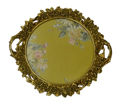 Round Ornate Gold Rose Vanity Tray with Glass Top