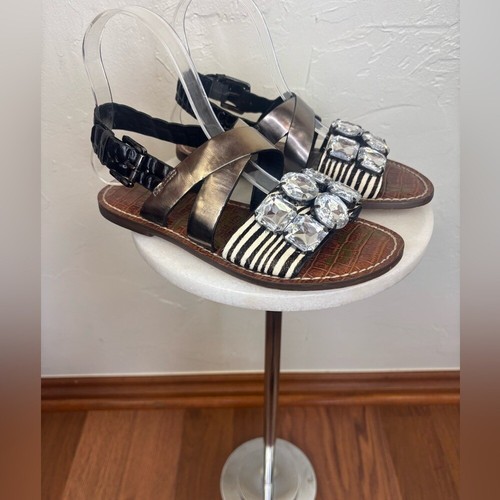 SAM EDELMAN Flat Leather Sandal Cow Hair Strappy Slingback Animal Print Shoe 6 - Picture 3 of 11