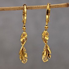 Cute 18K Yellow Gold Filled Leaf Charm Crystal Accent Mini Hoop Dangle Earrings