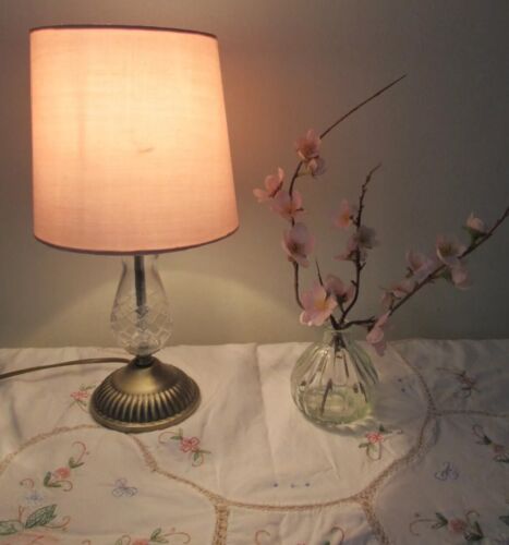 Vintage BHS Small Brass & Crystal Glass Table Lamp With New Pink Shade 14in - Picture 1 of 12