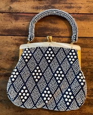 Vintage Navy  White Beaded Geometric Pattern Purse Hand Made Hong Kong
