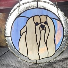 Stained Glass Dog Suncatcher, Round Blue White, Framed, 12 Inch Handmade Panel
