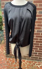 Cabi CrossTie Blouse Women M Black Tie Surplice Satin Long Sleeve Top Style 4288