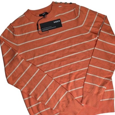 Mexx Light Coral Striped Crewneck Sweater XS Gold Button Shoulders NWT MSRP $75