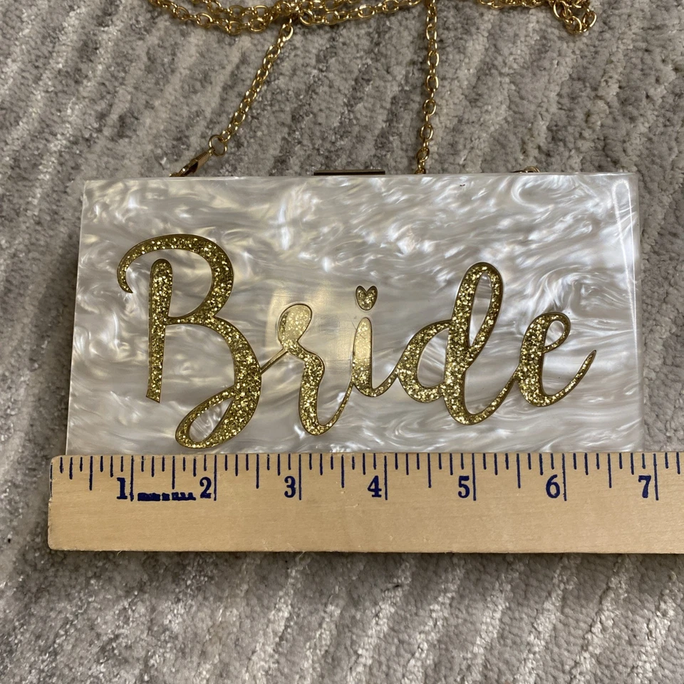 Cartera de novia blanca y dorada con correa larga de cadena de metal 7x4 pulgadas boda fiesta Foto 3 de 4