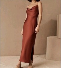 B-HLDN Brown Solid Satin Slip Maxi Dress V-Neck Strappy Sleeveless Size 10