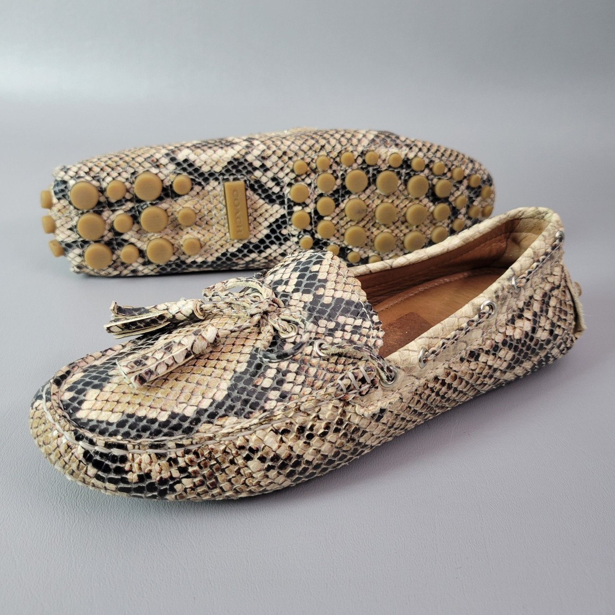 Coach Nadia Snakeskin Print Leather Tassel Slip On Loafers Driving