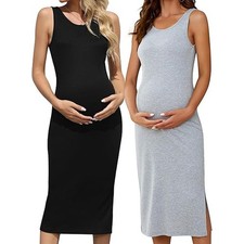2 Pack Tank Maternity Pregnancy Dress  Sleeveless Side Split-Black, Grey-XL