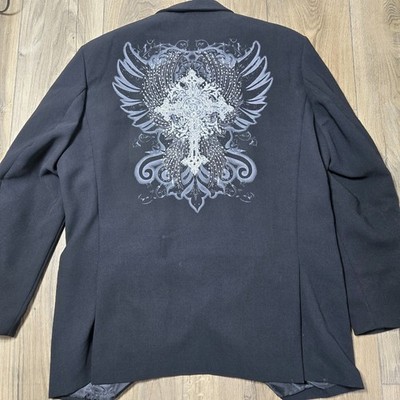 PRONTI Black Embellished Blazer Jacket Silver Cross Religious Graphic Men's XL